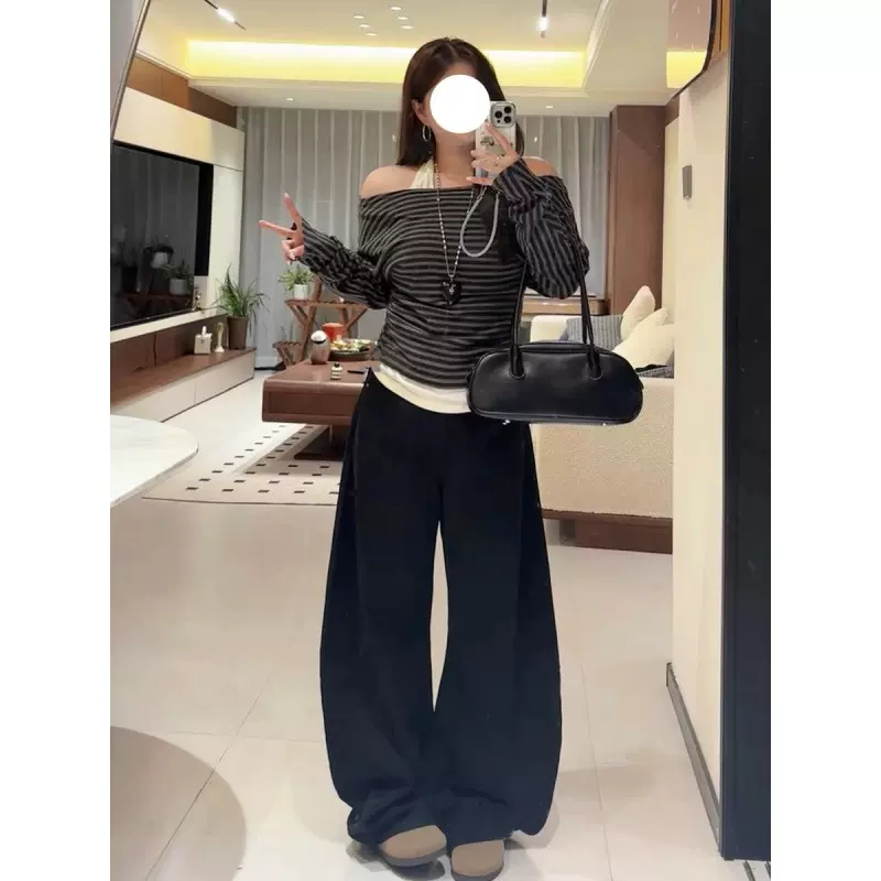 秋冬2025新款宽松显瘦长裤气质休闲裤子大码胖MM复古高腰阔腿裤潮