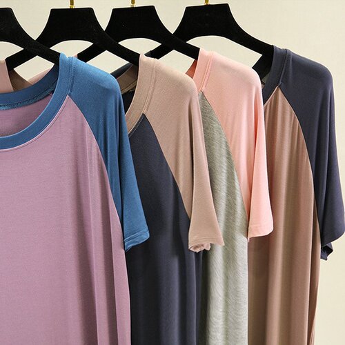 Summer Color-blocked Collared Dress for Women Loose Short Sleeve Long Dress Plus Size Base Layer Skirt Thin Sleep Dress