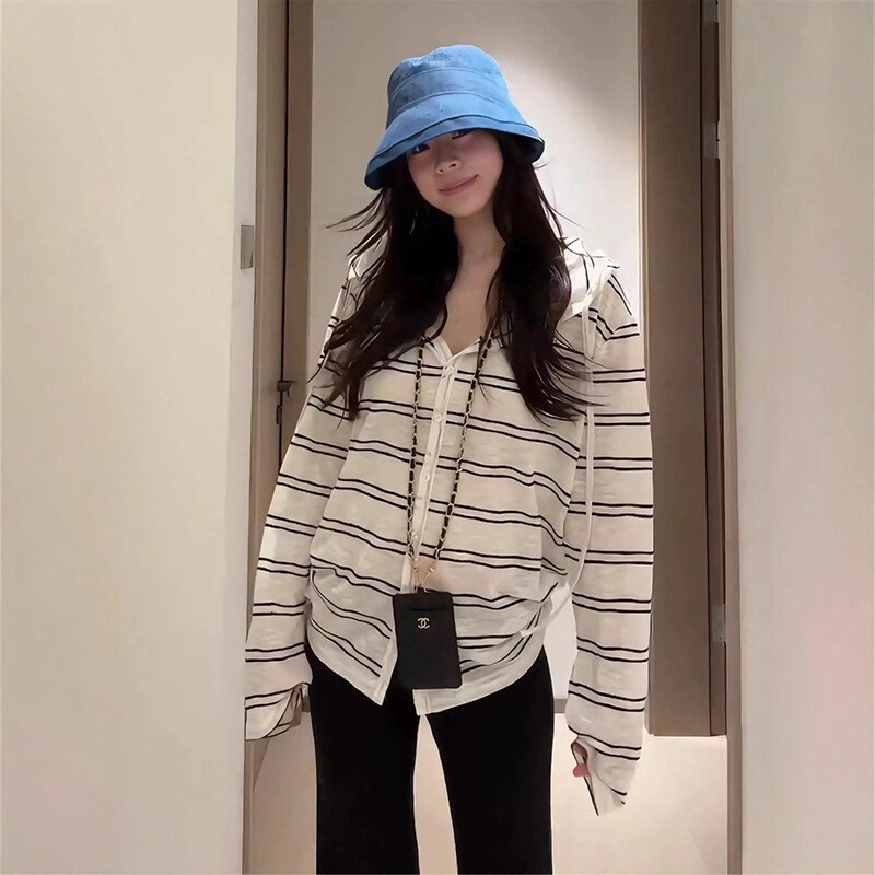 休闲百搭长袖连帽条纹开衫T恤女早秋韩系慵懒薄款防晒衣上衣外套|undefined