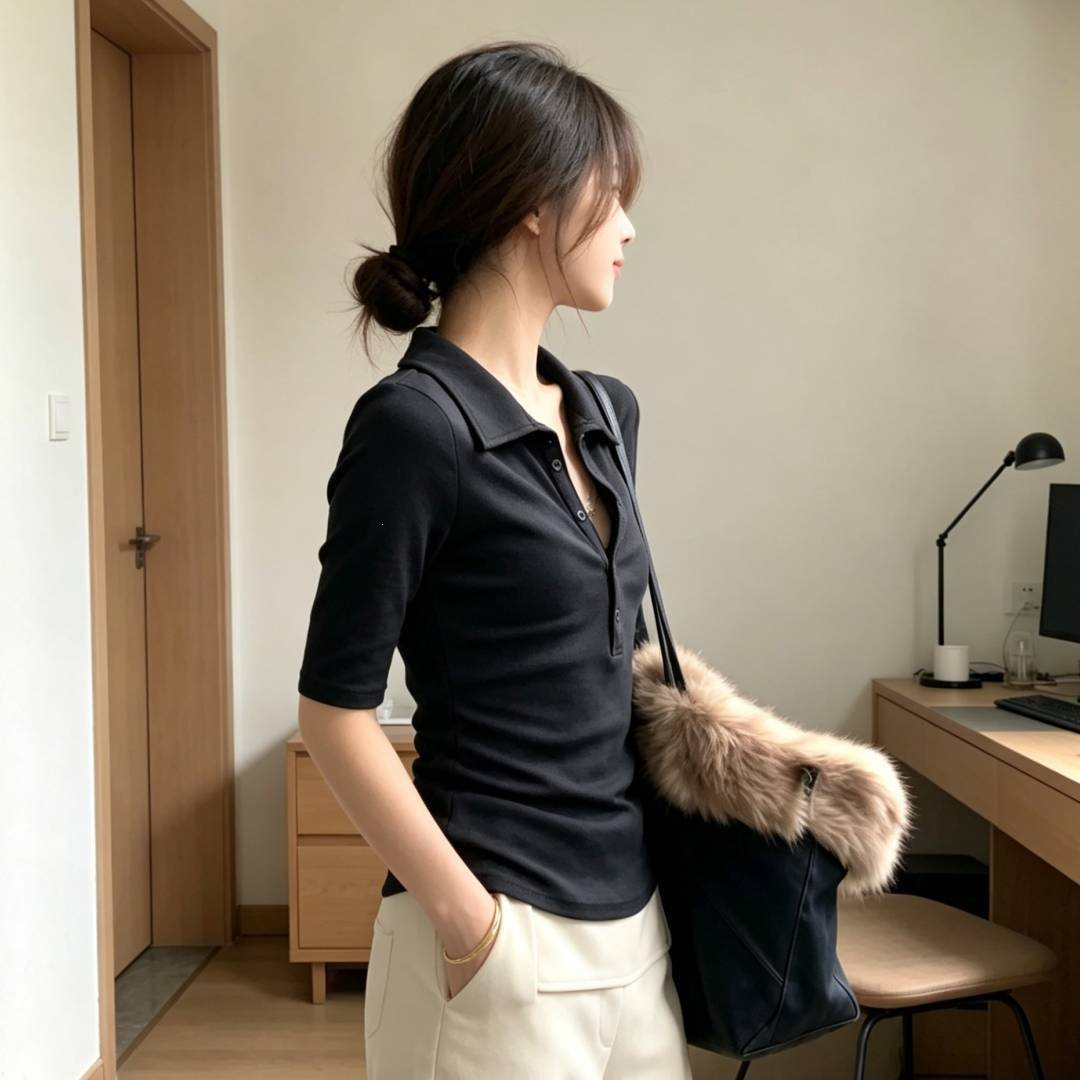 通勤纯欲风POLO领纽扣中袖T恤修身显瘦上衣女穿搭2026年夏季新款