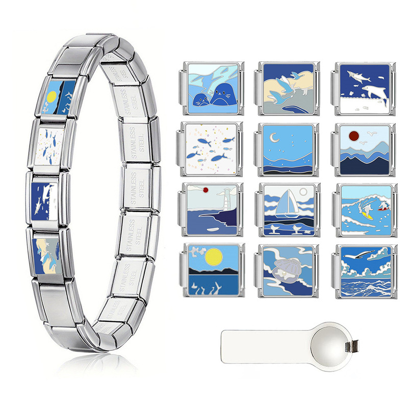 Popular Stainless Steel Italian Modular Bracelet with Ocean Pattern, DIY Freely Combinable Popular Stainless Steel Italian Modular Bracelet with Ocean Pattern, DIY Freely Combinable