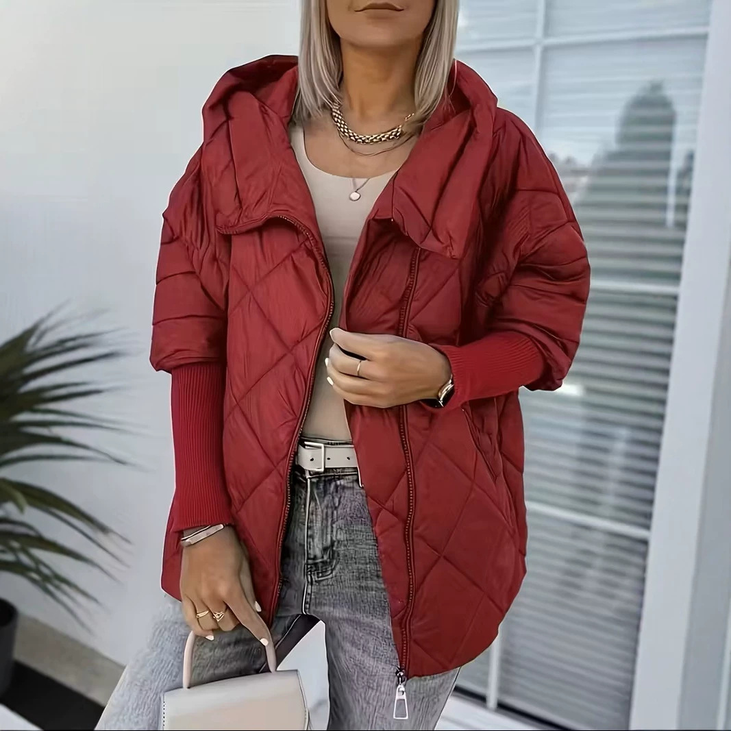 2026 Cross-Border Plus-Size European and American Style New Autumn and Winter Women's Solid Color Diamond-Patterned Zipper Pocket Sleeve Cuffs with Ribbed Stitching
