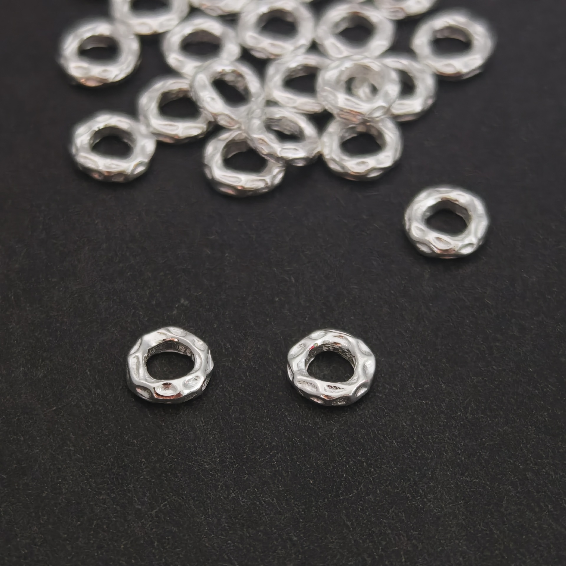 S999 Pure Silver Jewelry Accessories, Hammered Texture Round Rings, DIY Handmade Beaded Braided Bracelet Spacer Beads, Loose Beads