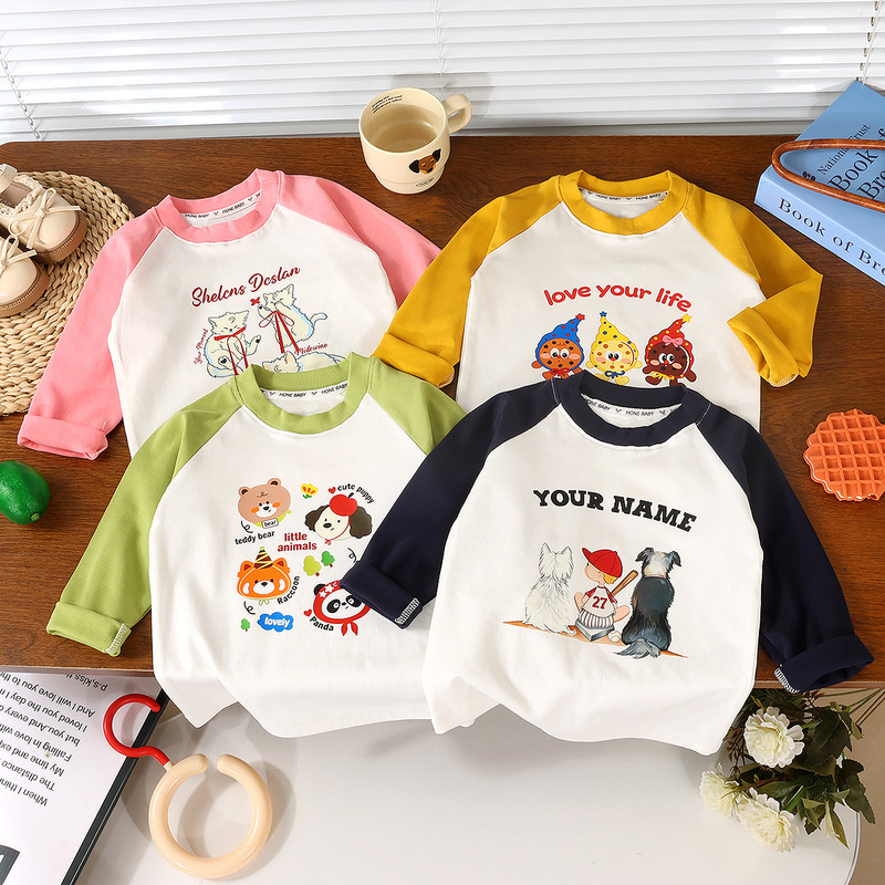 Children's cloud-feel cotton long-sleeve T-shirt for spring and autumn, boys' and girls' base shirt, baby home wear top, new children's clothing
