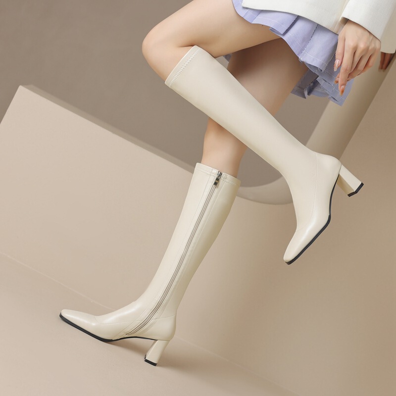 2024 Autumn and Winter Soft Leather Thick Heel Elastic Boots Fleece-Lined High Heels Knee-High Boots Comfortable Slimming Look High Boots for Women