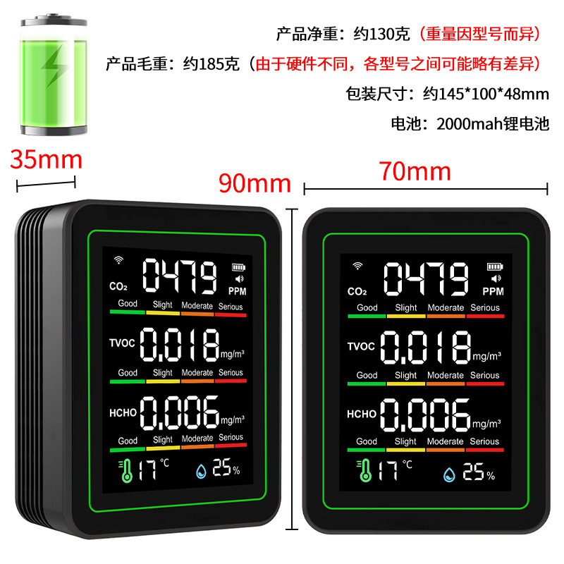 跨境升级空气款涂鸦WIFI 5合1二氧化碳检测仪TVOC温度湿度甲醛|undefined
