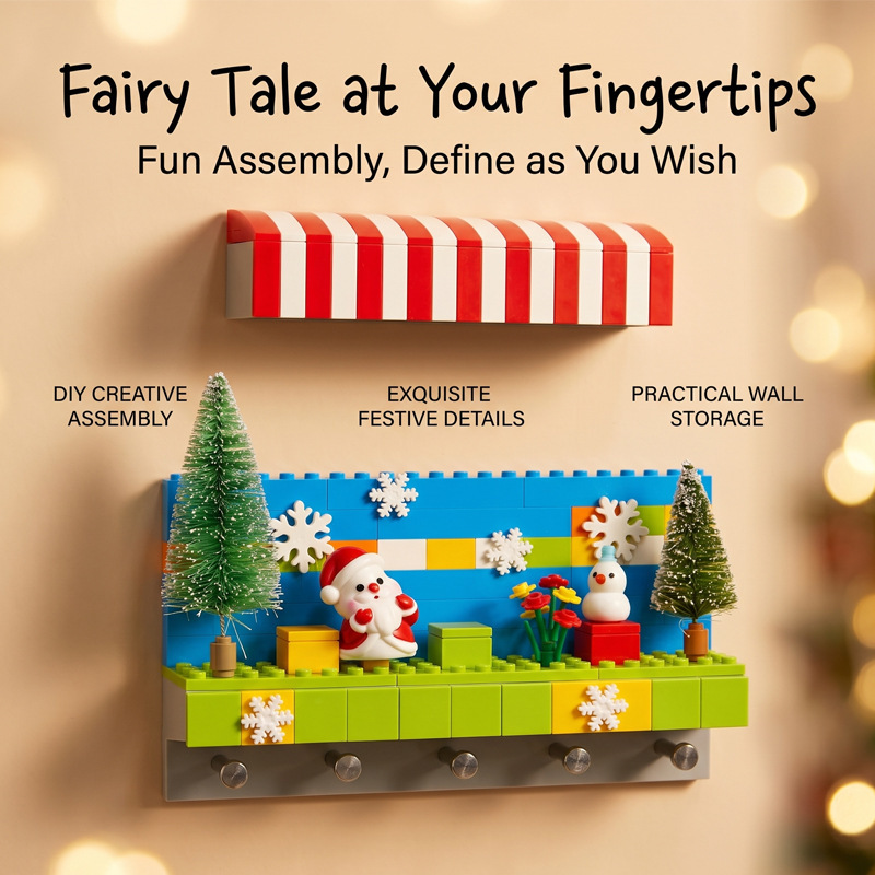 Nail-Free Building Blocks to Create a Multifunctional Key Hook with Sensor Light, Adhesive Hook for Entryway Door, Cartoon Building Block Scene Decoration