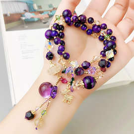 紫色虎眼石紫晶三圈福袋手链显白奥地利水晶手串手工饰品串珠首饰