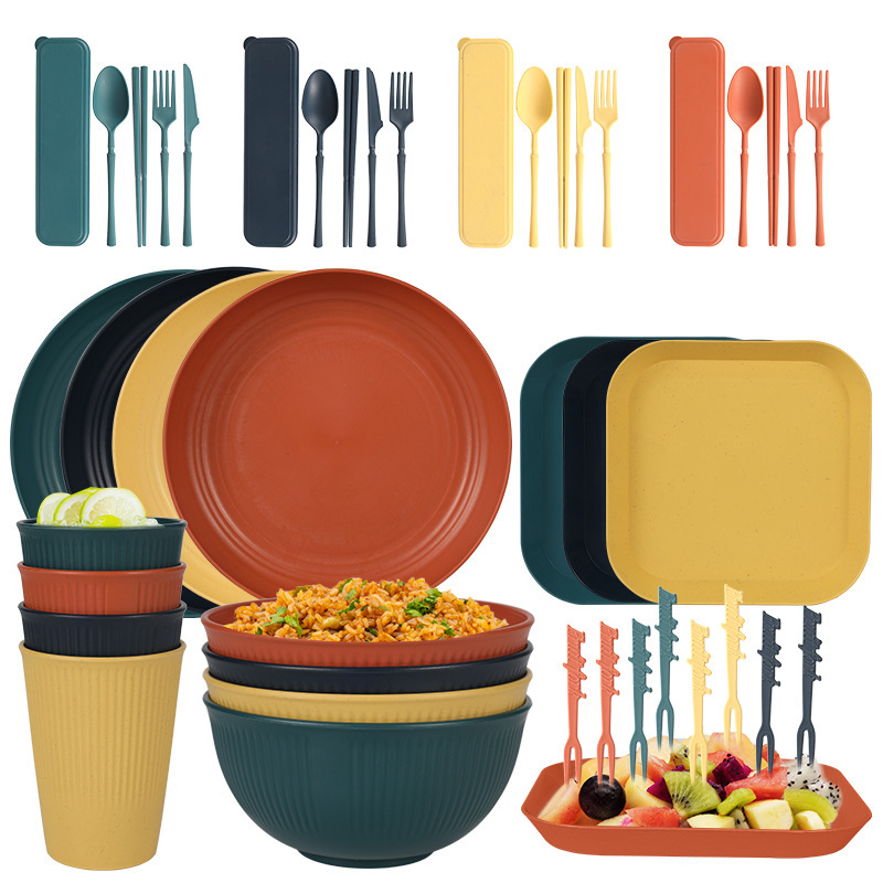 Amazon Wheat Straw Vertical Pattern Dinner Plate Household Soup Bowl Water Cup Knife Fork Spoon Chopsticks Dishes Plate Tableware Gift Set