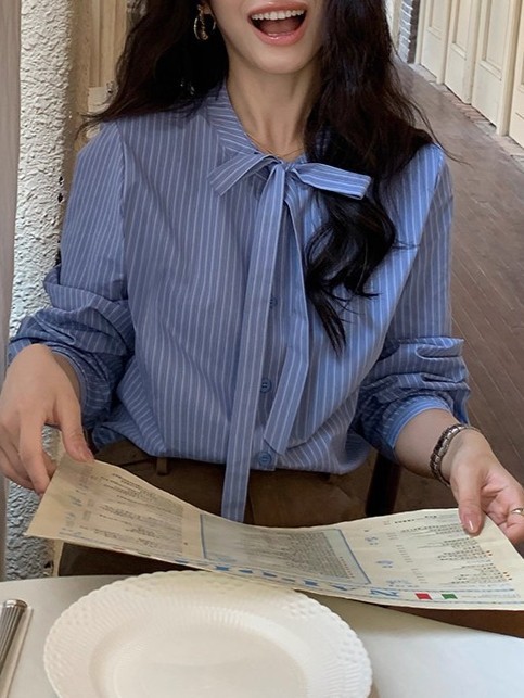 pusumede 转角街头 蓝色蝴蝶结绑带条纹衬衫女长袖衬衣气质上衣|undefined