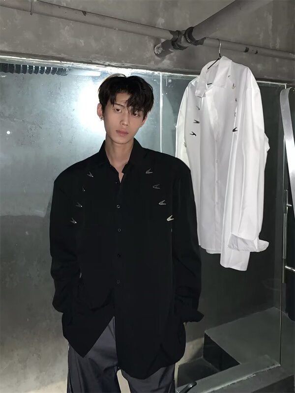 AETS metal design white shirt men's niche high-end drape loose long sleeve shirt autumn ins trend