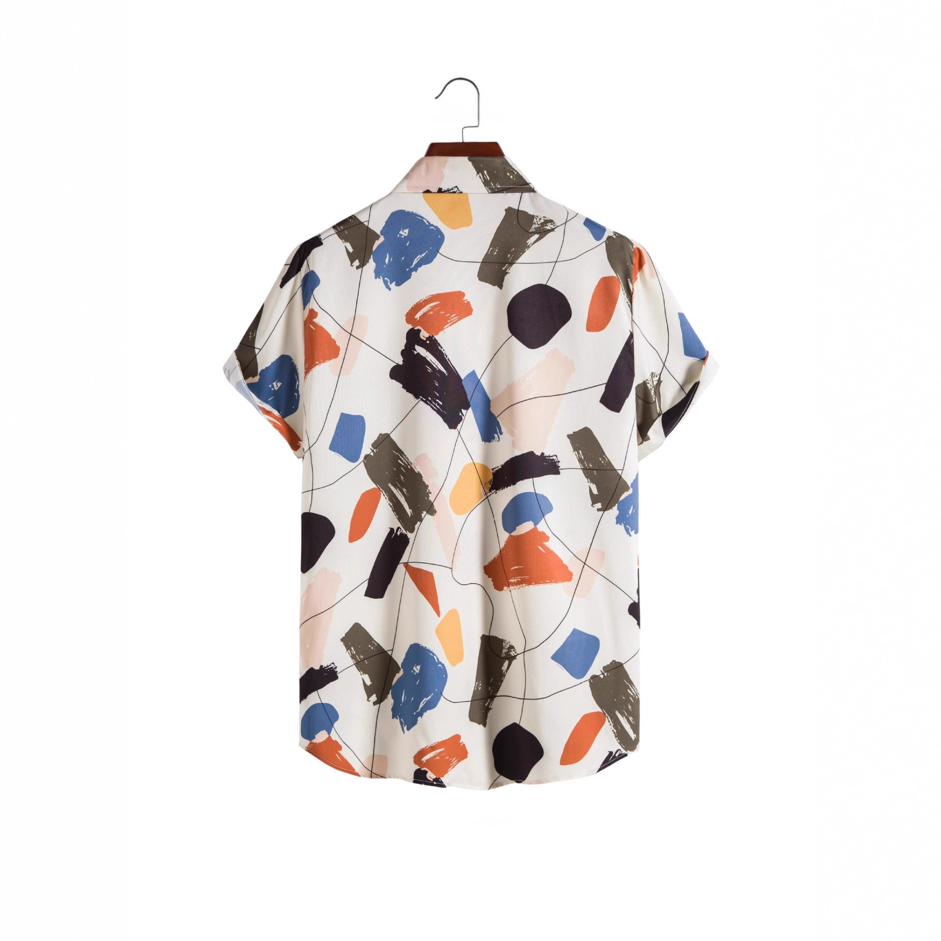 2025夏季新款沙滩度假休闲白色涂鸦印花夏季青年男士短袖衬衫上衣