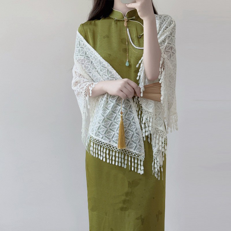 Beige Tassel Triangle Scarf Shawl with Cheongsam Small Outerwear High-End Summer Thin Sun Protection Cardigan Outerwear for Women