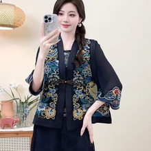 2025秋季国风盘扣开衫坎肩V领重工刺绣缎面女士加大马甲