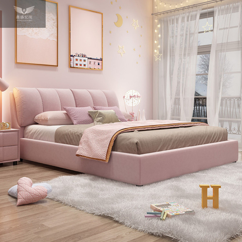 Princesa moderna simple estilo cama principal tela tecnología de almacenamiento cama princesa rosa niñas cama de tela marco de madera maciza