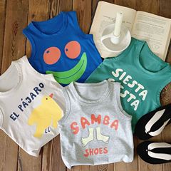 Boys' Cartoon Print Sleeveless Crew Neck Backless Top with Casual Pants Set - 2024 Summer New Fashion Casual Korean Style