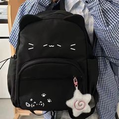 新款黑猫双肩背包书包文字猫咪黑色大痛可拆卸原创书包带痛层耳朵