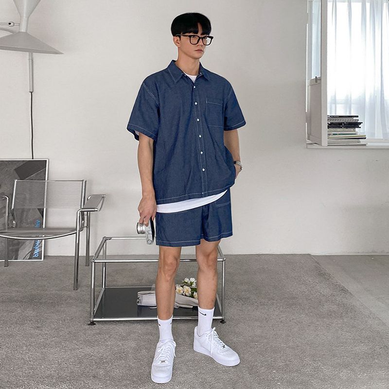 MYQ Tooling Short-sleeved Denim Shirt Jacket Men's Summer Korean-style Loose Retro Tooling Denim Shorts Set MYQ Tooling Short-sleeved Denim Shirt Jacket Men's Summer Korean-style Loose Retro Tooling Denim Shorts Set