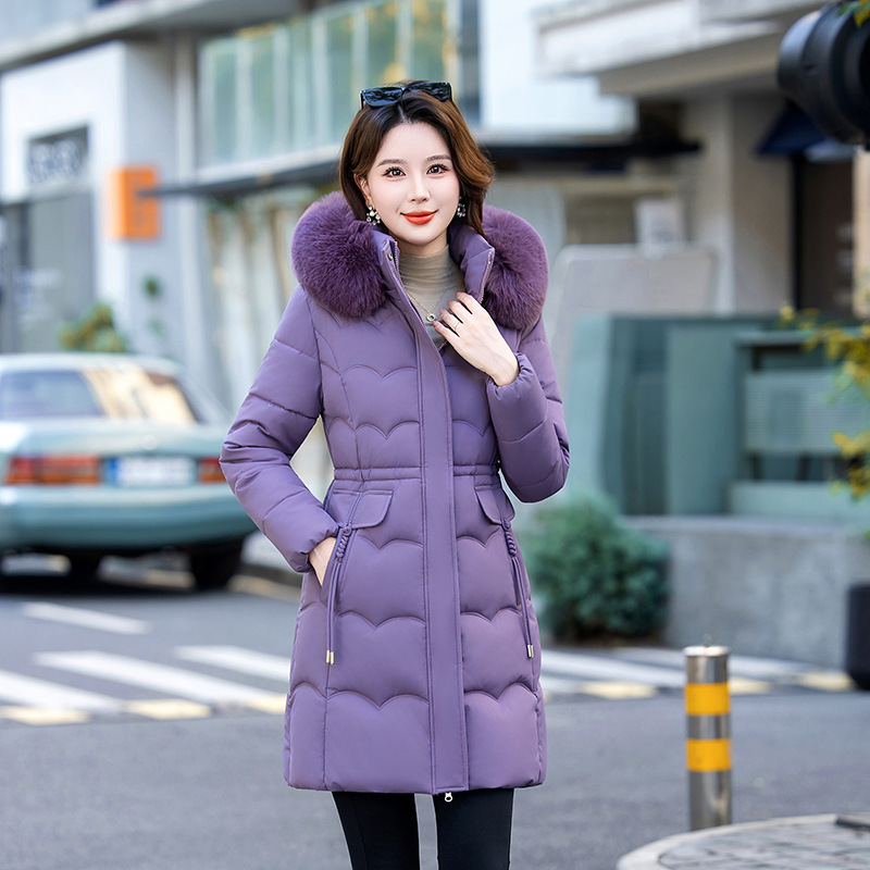 2025外贸新款大毛领棉服女中长款修身显瘦时尚简约棉衣女保暖外套|undefined