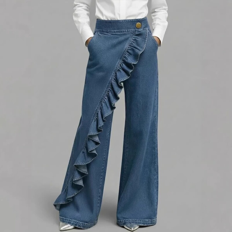 2026 Cross-Border Foreign Trade Women's Clothing Independent Site Amazon Retro Irregular High-Waisted A-Line Faux Denim Women's Long Pants