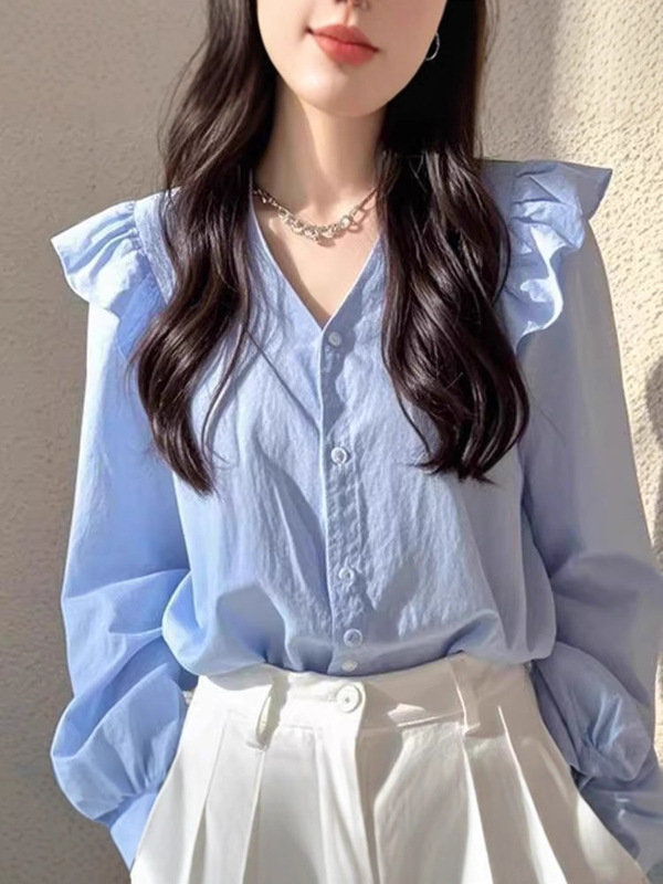 今年流行的漂亮小衫轻奢高级感法式小众绝美蓝色长袖衬衫女早秋款|undefined