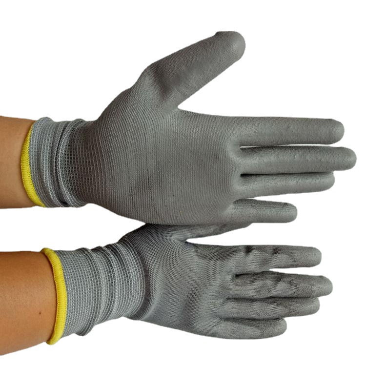 13针尼龙工作手套灰pu涂掌劳保手套PU涂层防静电电子无尘作业手套
