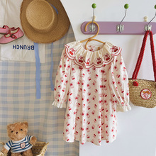 可爱小熊刺绣荷叶领女童连衣裙2025秋款樱桃甜美公主裙长袖儿童裙