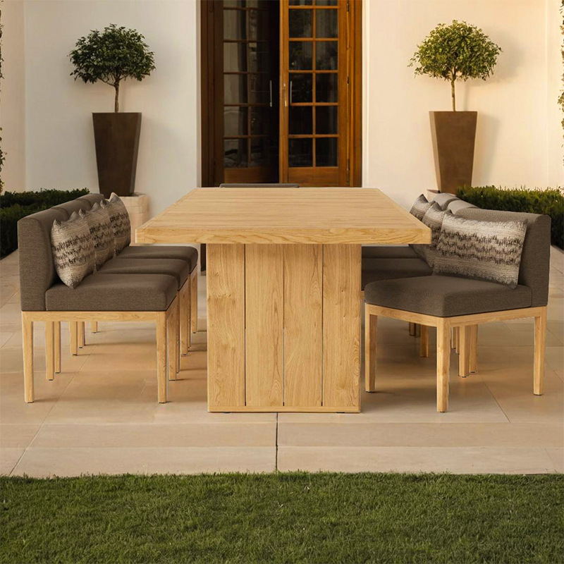Mesa y sillas de madera maciza al aire libre patio villa terraza mesa larga de madera hotel jardín alojamiento residencial impermeable tablas y sillas de teca solar