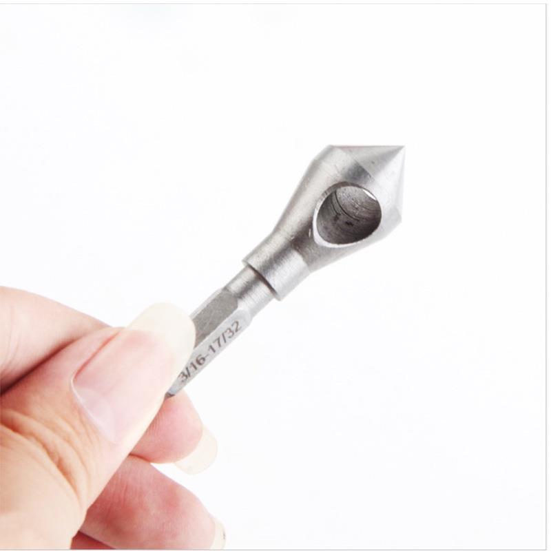 Hex shank metric beveling reamer with internal chip discharge, 3PC beveling reamer, deburring woodworking hole opener