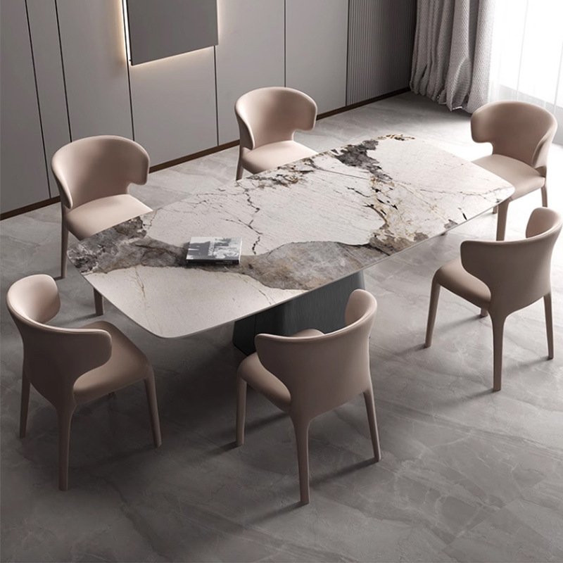 Italiano minimalista Placa de roca de acero inoxidable mesa de comedor y silla combinación rectangular Luz de lujo de alta gama hogar pequeño apartamento mesa de comedor brillante