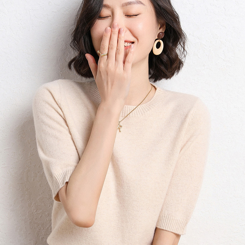 2025年春夏新作ニット半袖女性丸襟ボトムニットプルオーバー半袖セーターゆるいボトムセーター|undefined