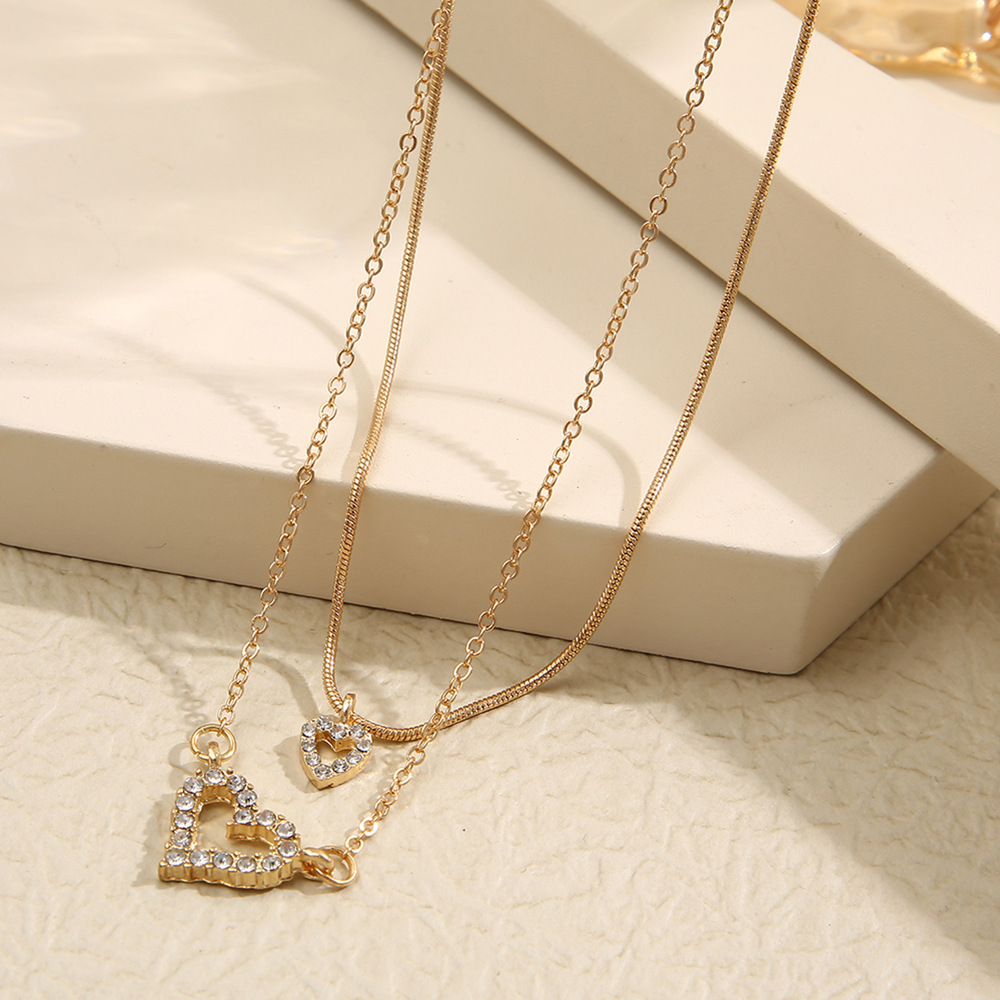Stacked Double Layer Heart Pendant Necklace With Diamond Accents_voghion.com