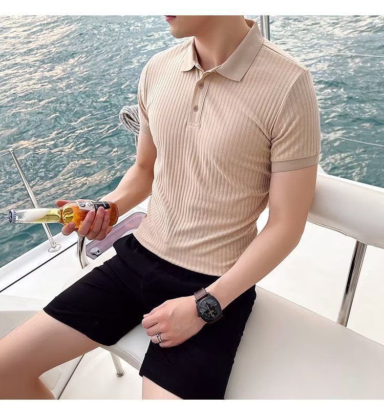 Camicia in polp intrecciato a righe estive 2023 T-shirt in seta di ghiaccio Versatile tinta unita comoda manica corta - stampabile Tiktok_voghion.com