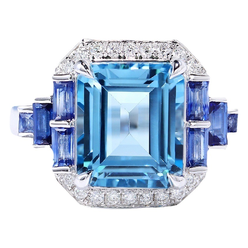 Aurora azul joyería fina imitación Topacio aguamarina anillo colgante de lujo princesa diamante cuadrado colorido tesoro traje mujeres