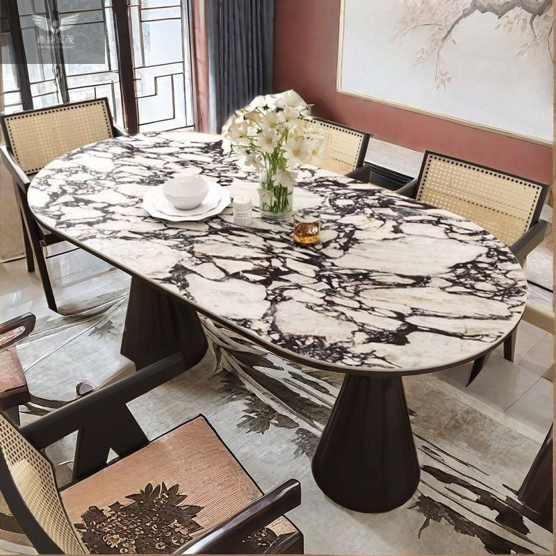 Mesa de comedor del Santo Grial de losa de roca de lujo ligero francés, mesa de comedor y silla para el hogar con crema, restaurante ovalado minimalista moderno, nuevo estilo chino