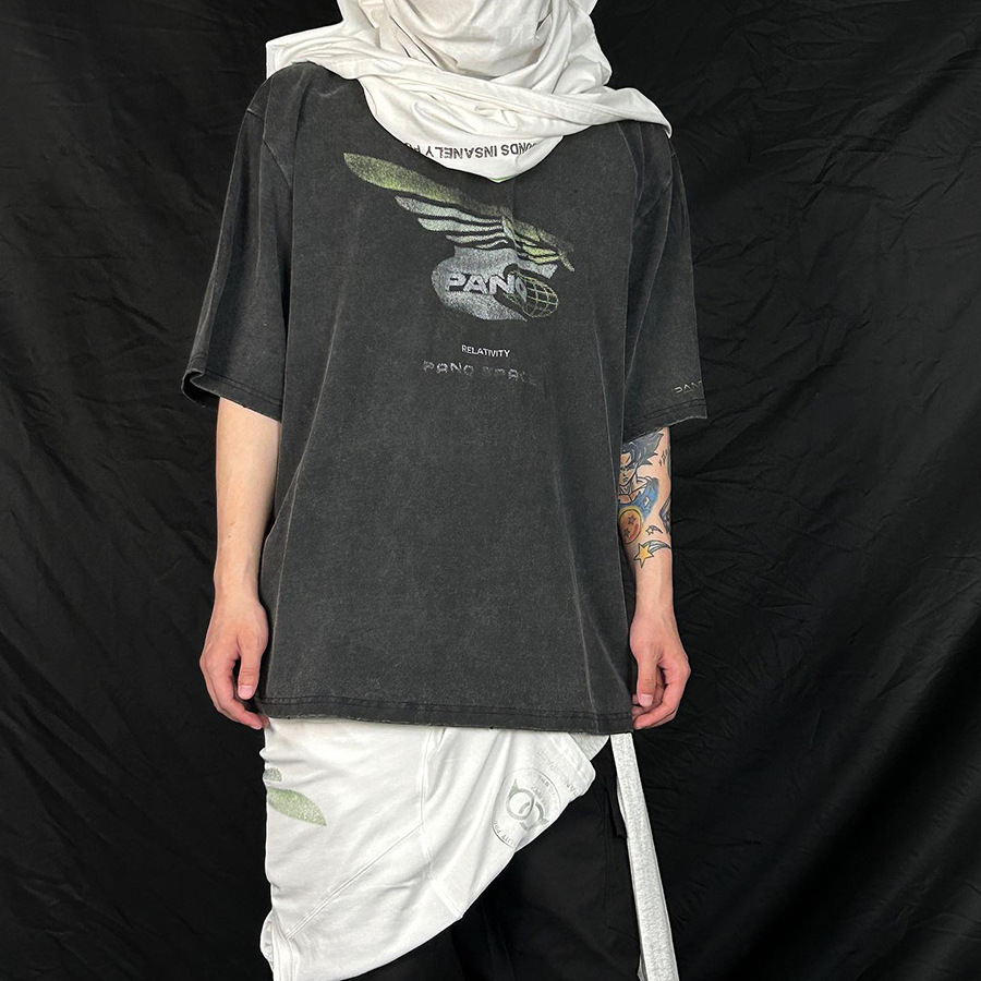 Nicho de marca PANQ lavado con agua para hacer vieja impresión de logotipo borroso verano versátil nuevo hombre y mujer camiseta de manga corta suelta