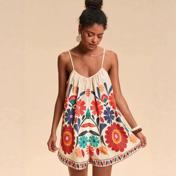 Amazon 2026 Women's Summer New Independent Brand Vacation Style Casual Loose Plant Print Strap Jumpsuit for Women