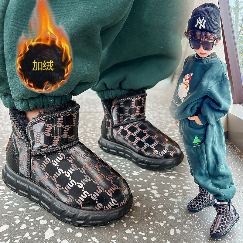 Foot Feeling Snow Boots Boys Winter PU Leather Waterproof Home Indoor Bag with Warm Cartoon Plush Cotton Outer Wear