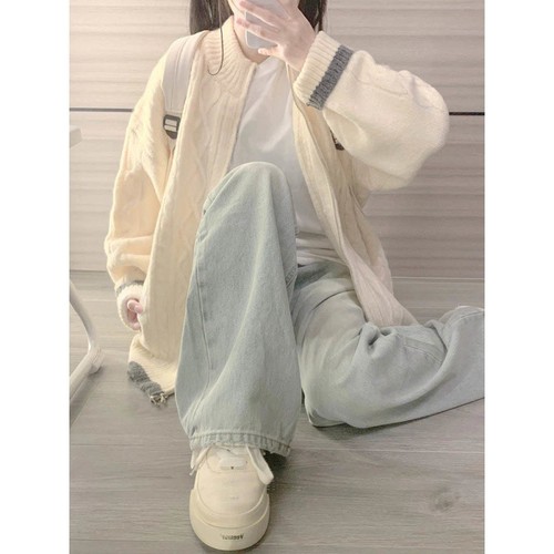 Sweet, soft, and cozy color-blocked zipper cardigan for women, student spring season loose fit versatile outerwear