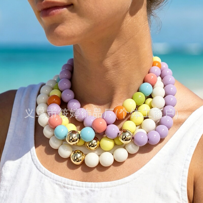 European and American Cross-Border Bohemian Acrylic Round Geometric Beads Handmade Multi-Color Women's Necklace for Summer