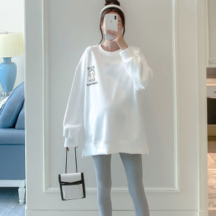 Maternity Clothes Spring and Autumn New Fashion Hot Mom Outer Wear Mid-length Loose plus size Belly Covering Long Sleeve White Sweatshirt for Pregnant Women