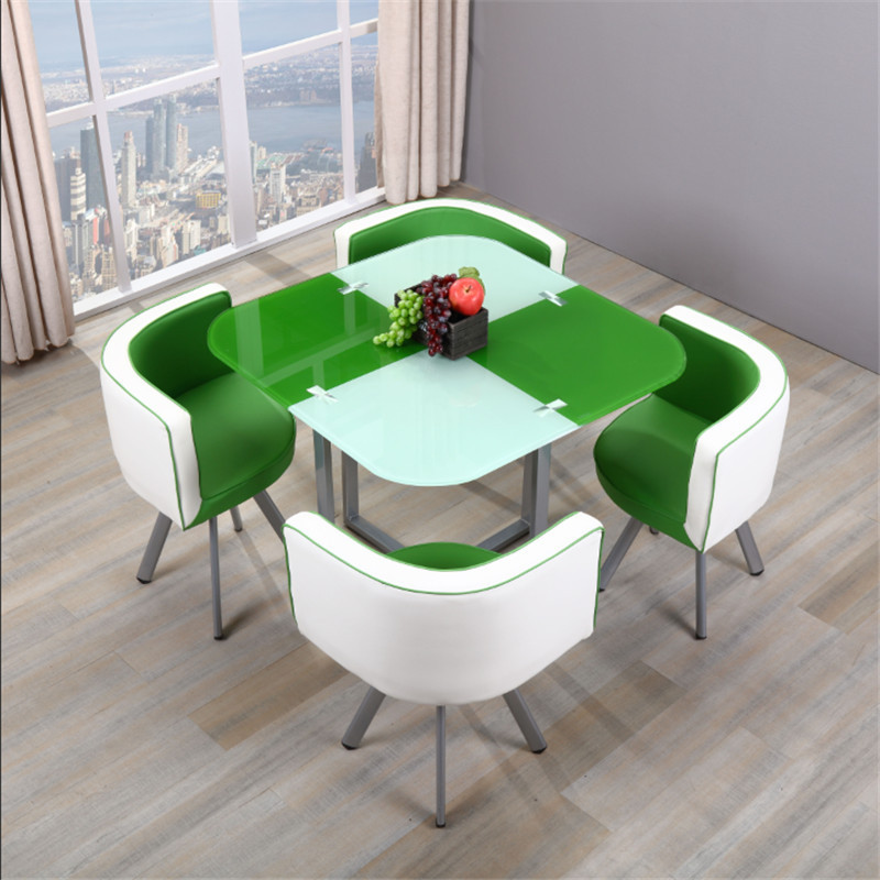 Mesa y sillas de comedor modernas, mesa redonda pequeña de vidrio templado, mesa y sillas para recepción y negociación, una mesa y cuatro sillas, cocina de inducción.