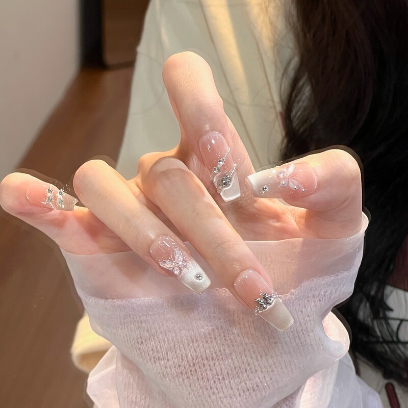 Butterfly Fairy Wearable Nails: Transparent Cat-Eye Nude Color, High-End Feel, Removable Nail Tips