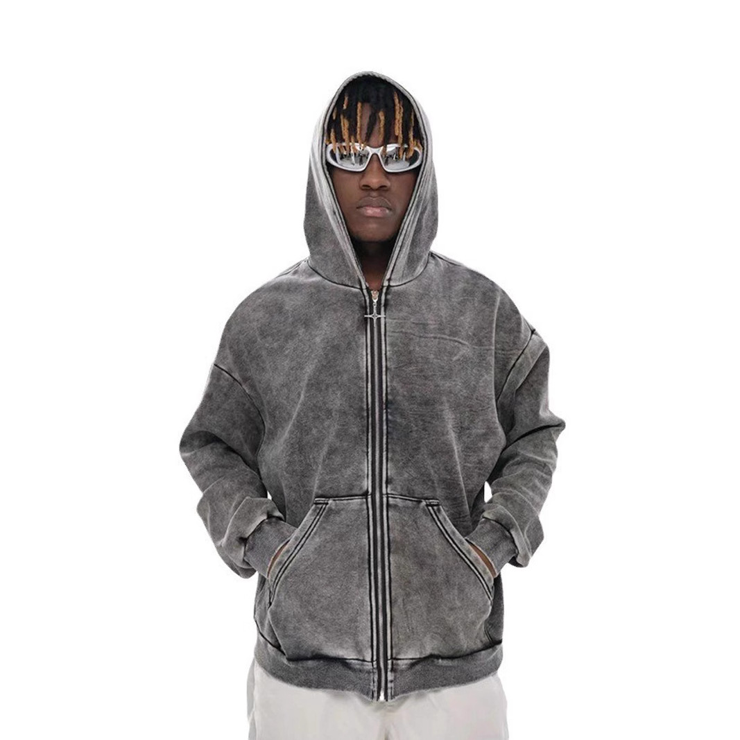 Otoño y invierno comercio exterior cardigan con cremallera más vello pesado lavado con agua para hacer viejas camisetas con capuz para hombres de moda americana pareja camisetas con capuz