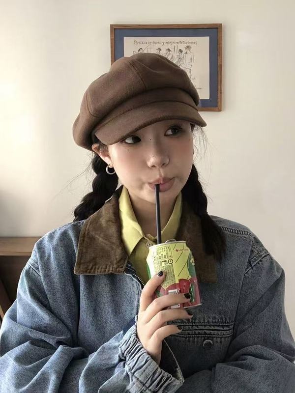 秋冬万能英国風カレッジ風キャスケット帽レディース韓国風レトロベレー帽フラットトップ八角海軍帽|undefined
