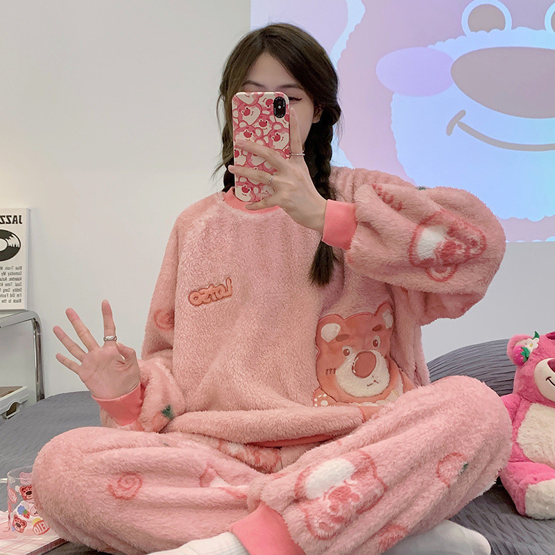 睡衣女秋冬季珊瑚绒加厚保暖韩版束口卡通可爱法兰绒家居服套装女|undefined