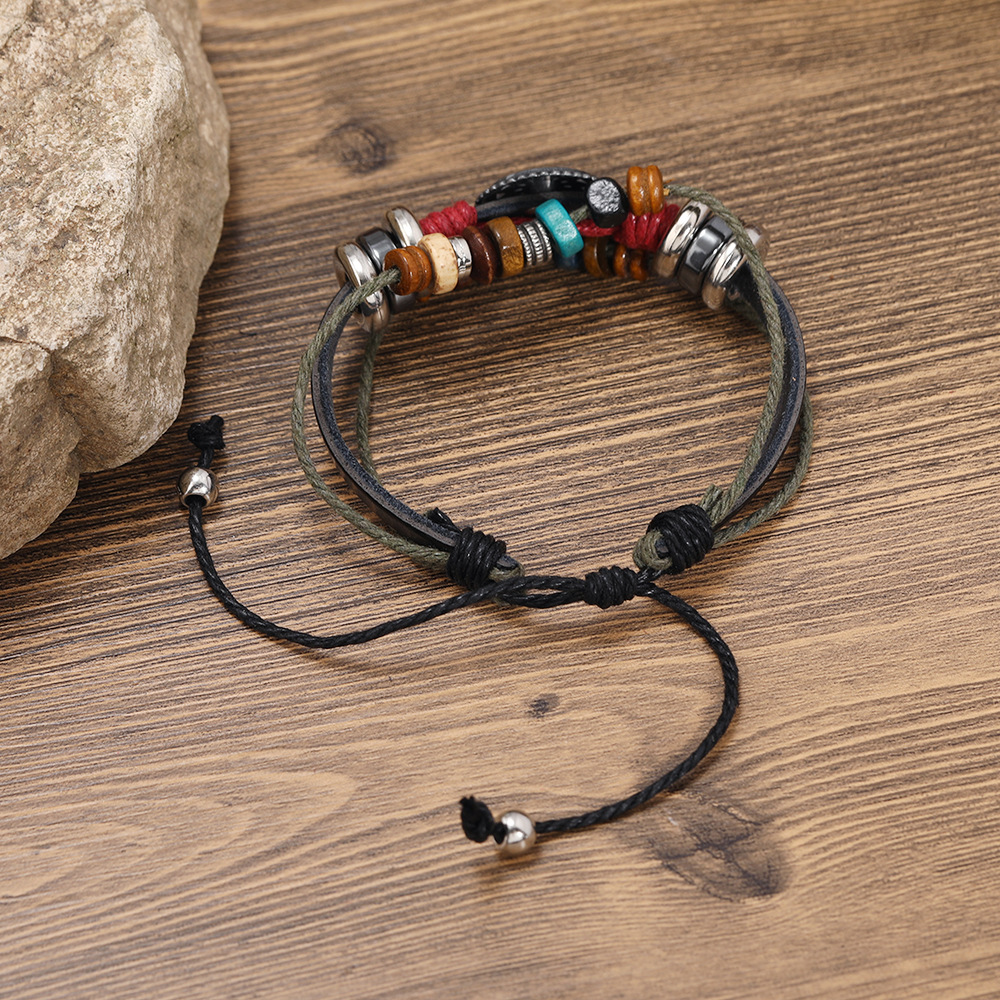 Alloy, Wooden beads, Cowhide Material Retro Geometric Alloy Wooden Beads Cowhide Handmade Unisex Bracelets