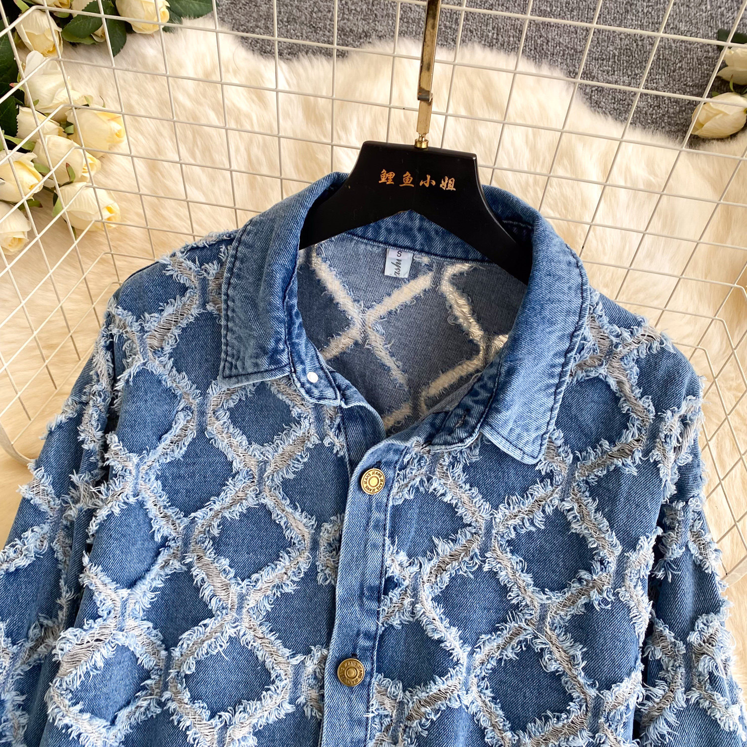 Women's Denim Shirt And Shorts Set Diamond Pattern Frayed Edge_voghion.com
