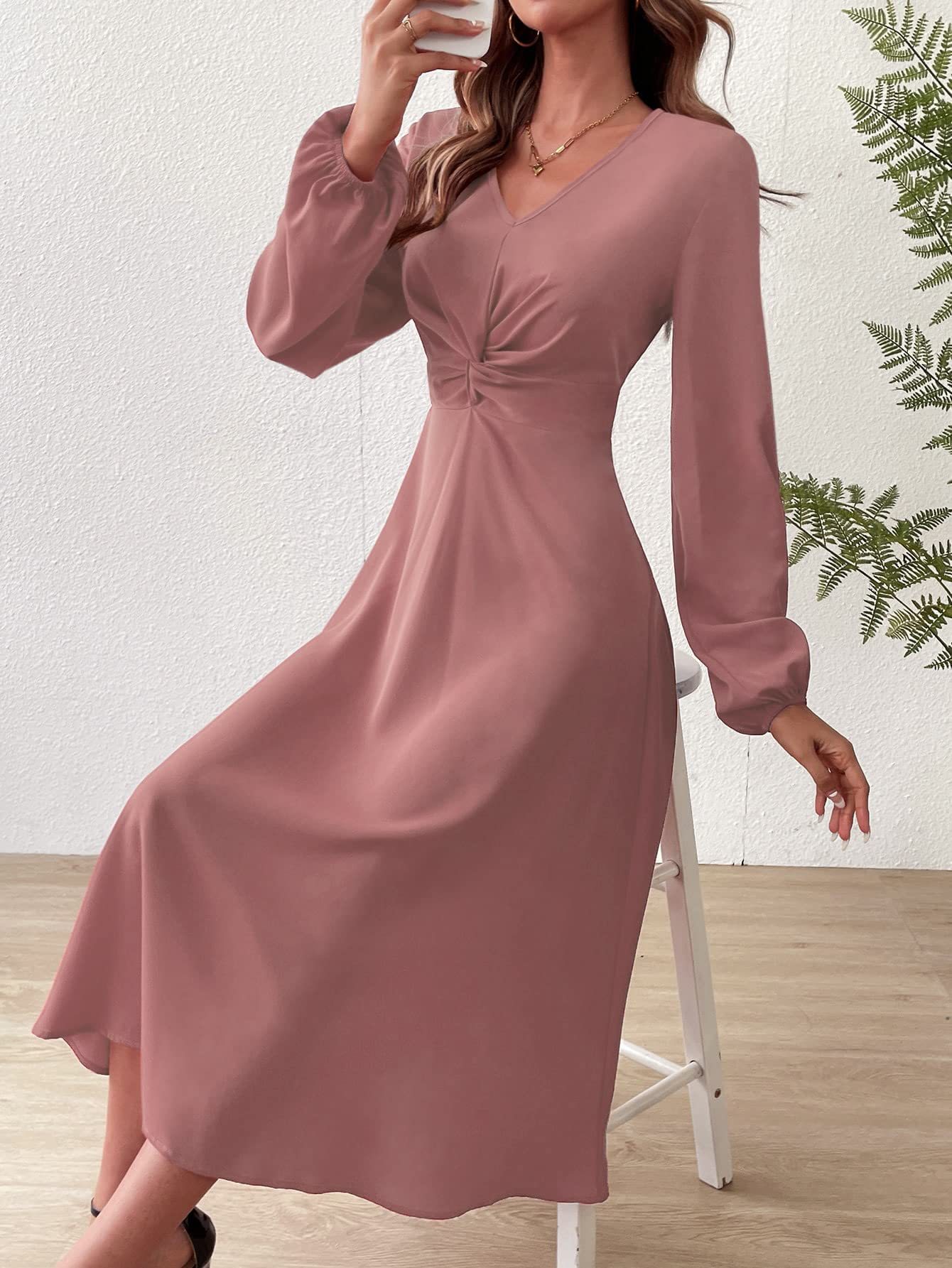European And American Women' Spring Summer Fahion V-Neck Lantern Long Sleeve Twit Edge Elegant Mid-Length_ecoleips.com