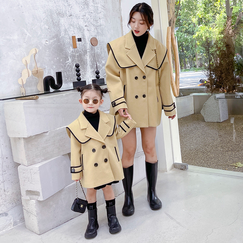 Kids windbreaker 2021 Autumn and winter new pattern With children Navy collar girl Solid coat Female Women Fur overcoat